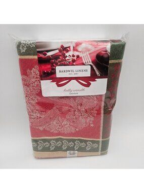 Bardwill Linens Tablecloth 60" x 102" Holly Wreath Christmas Red Green NOS